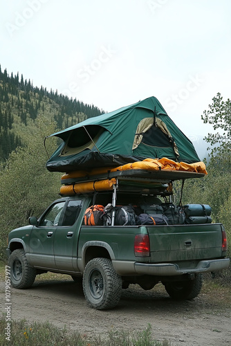 Truck with a rooftop tent and outdoor gear for adventure trips photo