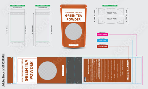 Green tea powder pouch design template, pouch packaging mockup, 100% pure , food and product branding design