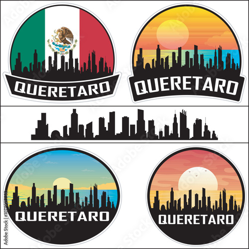 Queretaro Skyline Mexico Flag Cityscape Silhouette Travel Souvenir Sticker Sunset Isolated Vector