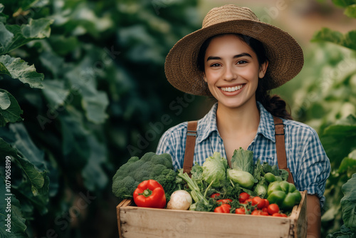 A smiling female farmer holds an open wooden box filled with vegetables.
