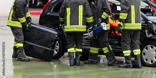 firefighters use a powerful hydraulic cutter to remove a car door to free injured people photo