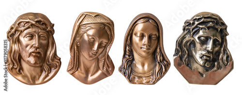 Принти на полотні Bronze bas-relief bronze saints faces, Madonna, Saint Mary, Jesus