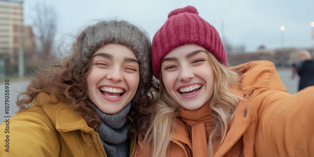 Two women wearing hats and smiling for a picture. Scene is happy and cheerful Two women wearing hats and smiling for a picture. Scene is happy and cheerful