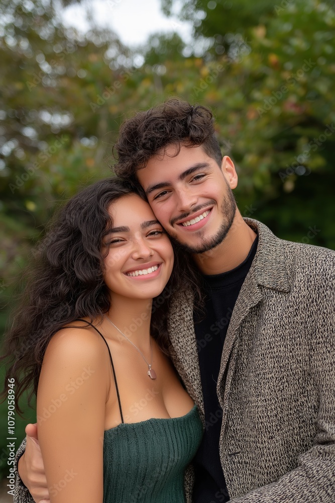 A man and a woman are smiling at the camera. The woman is wearing a green dress and the man is wearing a black jacket A man and a woman are smiling at the camera. The woman is wearing a green dress and the man is wearing a black jacket