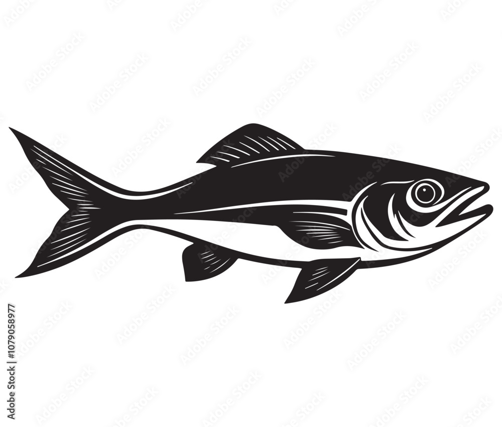Sea cod fish on a white background, Tuna fish silhouette vector illustration, Sea fish silhouette icon