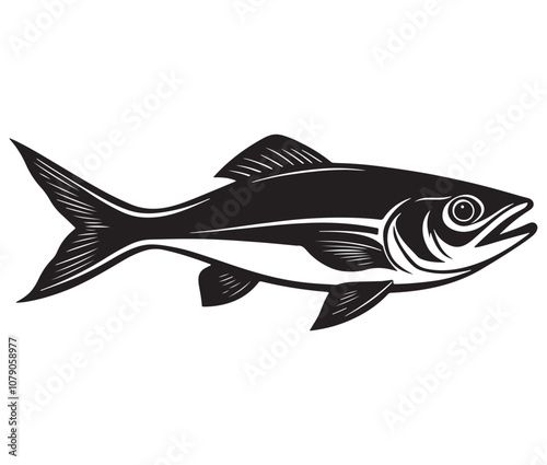 Sea cod fish on a white background, Tuna fish silhouette vector illustration, Sea fish silhouette icon