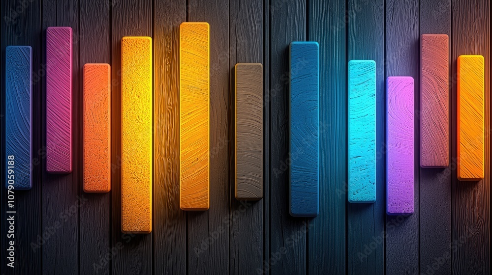 Fototapeta premium Vibrant, colored bars arranged on a dark wooden background, creating an abstract and visually appealing pattern.