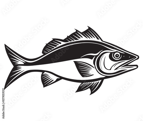 Sea cod fish on a white background, Tuna fish silhouette vector illustration, Sea fish silhouette icon