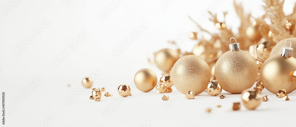 A bunch of gold ornaments are scattered on a white background A bunch of gold ornaments are scattered on a white background
