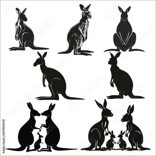 Kangaroo Silhouette Bundle Set on a White Background