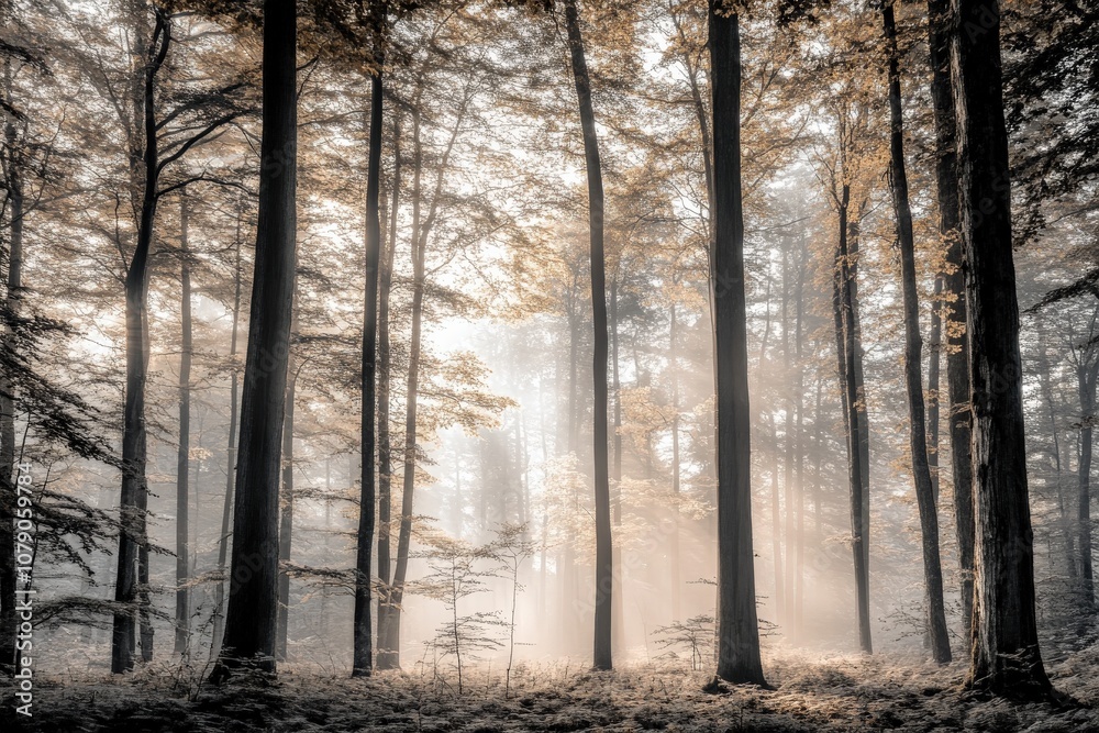 Mystical Foggy Forest with Towering Trees