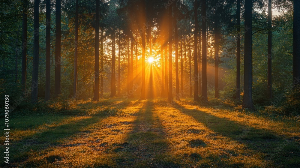 Serene forest at sunset with rays of light filtering through trees. Serene forest at sunset with rays of light filtering through trees.