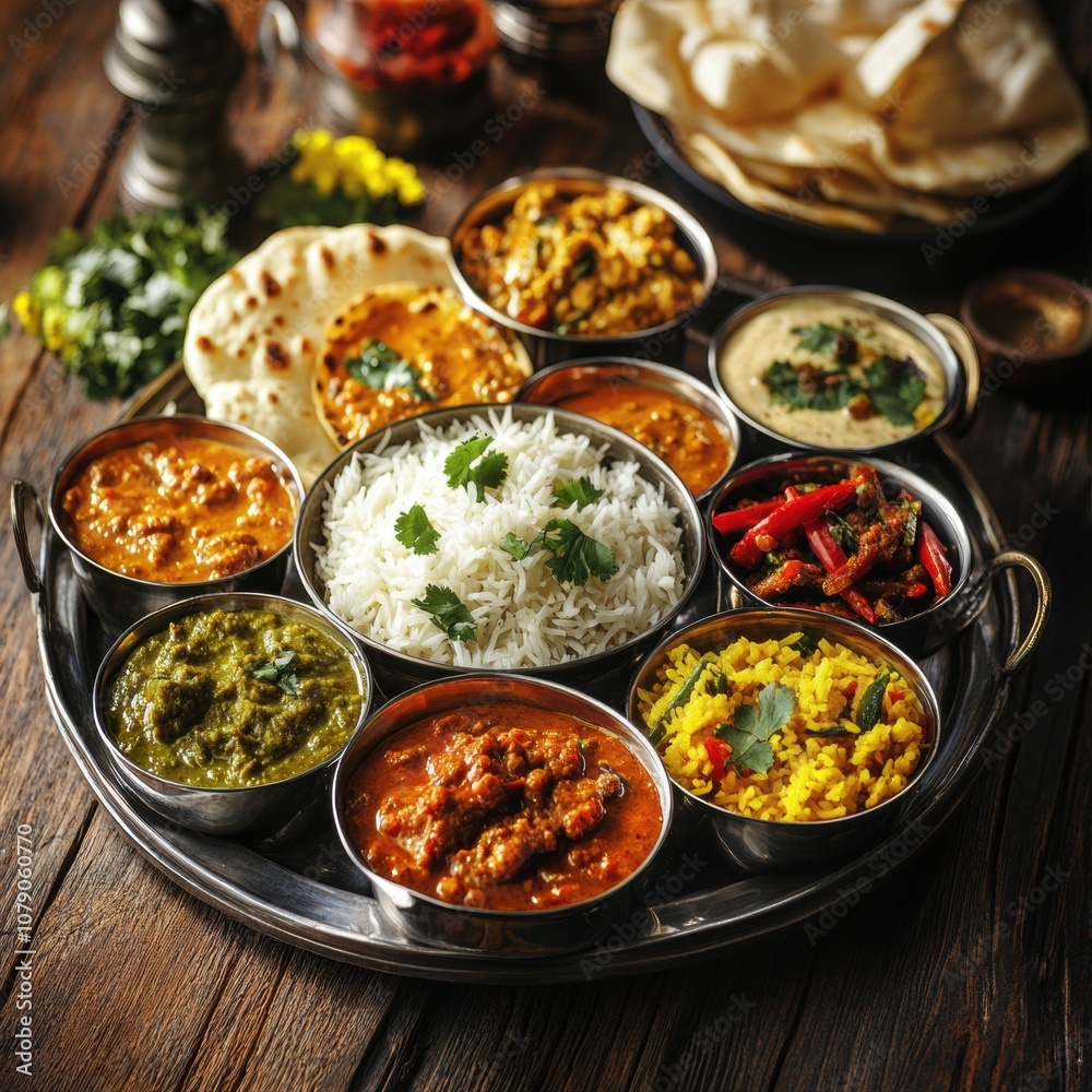 Traditional Indian Thali with Assorted Curries, Rice, Naan, and Vibrant Side Dishes on a Metal Platter Traditional Indian Thali with Assorted Curries, Rice, Naan, and Vibrant Side Dishes on a Metal Platter