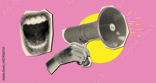 shouting mouth and loudspeaker in hand in halftone style,trendy retro collage element
