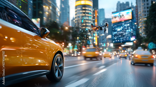 Explore the thriving futuristic cityscape illuminated by drones and modern transportation technologies