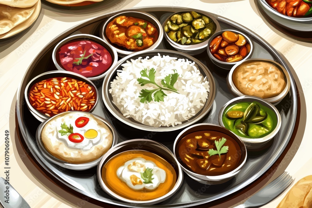 Traditional Indian Thali with Assorted Curries, Rice, Naan, and Vibrant Side Dishes on a Metal Platter Traditional Indian Thali with Assorted Curries, Rice, Naan, and Vibrant Side Dishes on a Metal Platter