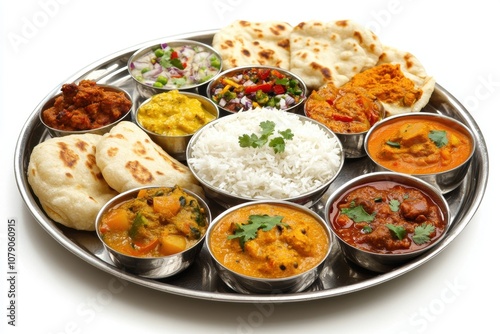 Traditional Indian Thali with Assorted Curries, Rice, Naan, and Vibrant Side Dishes on a Metal Platter