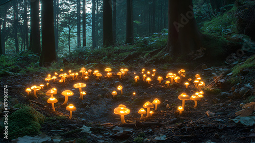 image show a ring of glowing mushroom in a mysterious forest, This fairy ring creates an enchanting, magical atmosphere amidst the towering trees