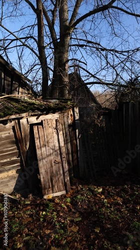 Experience a Serene Autumn Scene featuring a Rustic Fence set amidst a Leafy Ground