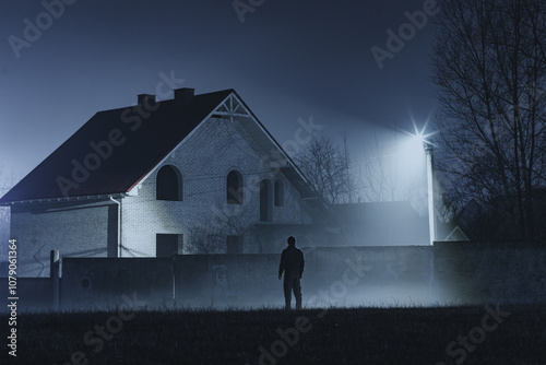 Fotografie A man stands in front of a house at night