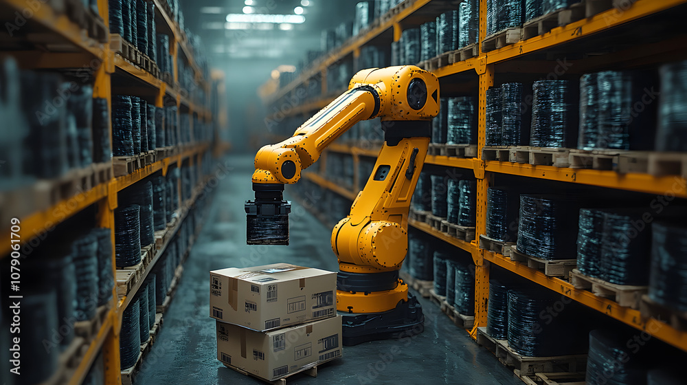 A yellow robotic arm in an empty warehouse lifting boxes of goods, showcasing automation in logistics and warehouse management. The image highlights the efficiency and precision of robotic technology, A yellow robotic arm in an empty warehouse lifting boxes of goods, showcasing automation in logistics and warehouse management. The image highlights the efficiency and precision of robotic technology,