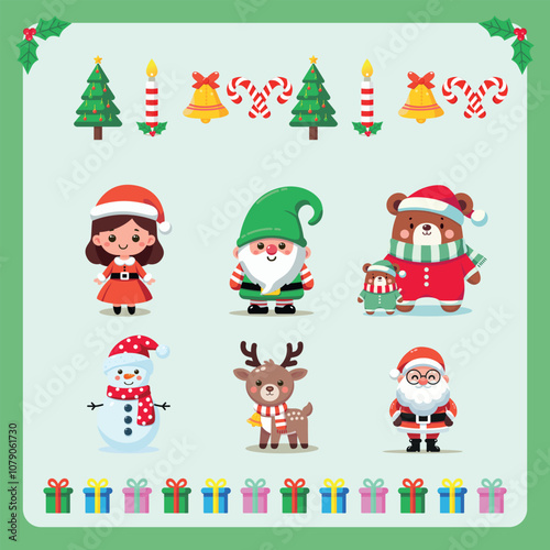 Cute christmas characters, christmas decoration, background for christmas invitation, party.