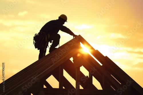 Silhouette of construction worker climbing roof frame against golden sunrise