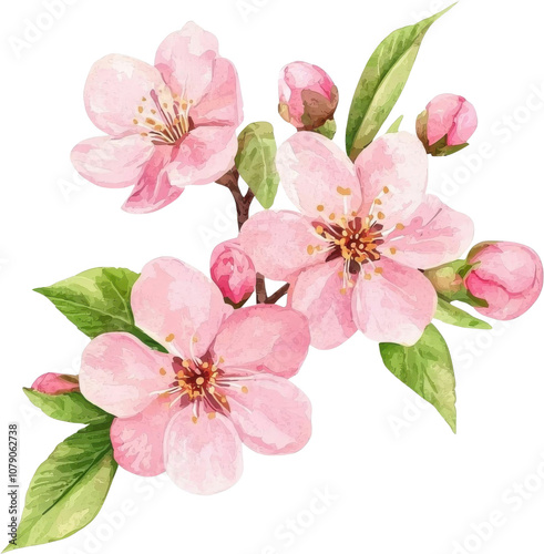 Traditional Chinese New Year Symbols Clipart. Delicate pink blossoms with green leaves, embodying the beauty of spring and nature's vibrant colors.