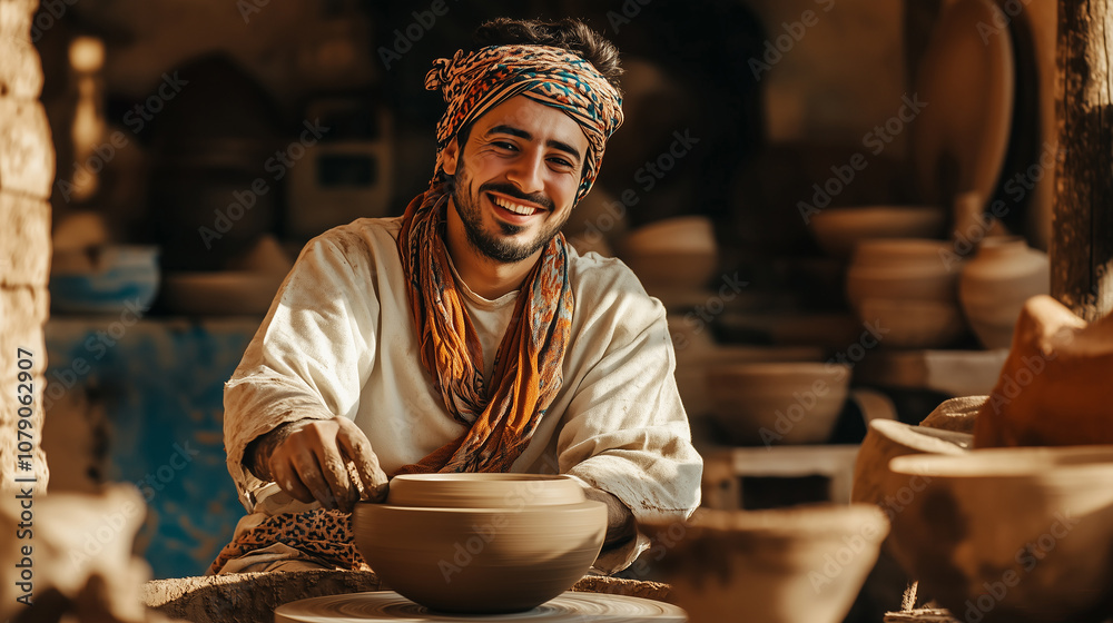 cheerful artisan works on pottery in a traditional workshop, shaping a clay pot with skill and passion, embracing the art of craftsmanship. cheerful artisan works on pottery in a traditional workshop, shaping a clay pot with skill and passion, embracing the art of craftsmanship.