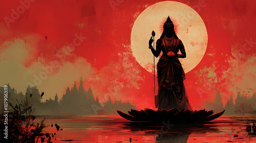 A powerful and graceful image of Goddess Saraswati standing tall, adorned in vibrant red and black attire, symbolizing wisdom, knowledge, and art. The goddess is depicted with her traditional instrume photo