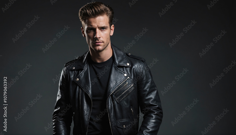 Obraz premium A man in a black leather jacket stands in front of a dark background