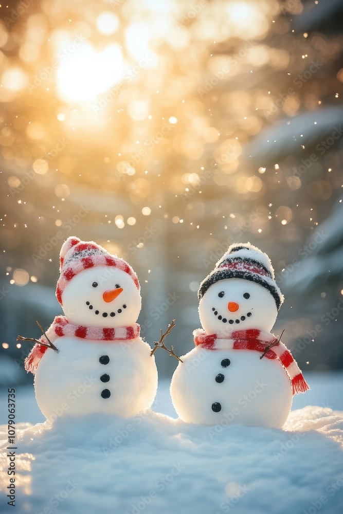 Cute snowman in heavy snow covered wild field at sunrise Cute snowman in heavy snow covered wild field at sunrise