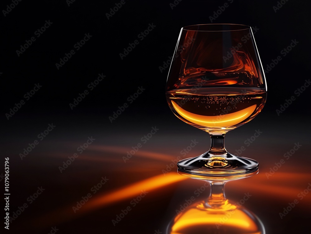 Elegant Brandy Glass with Warm Glow on Reflective Black Surface Elegant Brandy Glass with Warm Glow on Reflective Black Surface