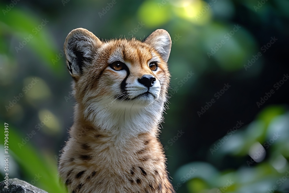 Cheetah Cub with Attentive Eyes and Soft Fur Against Green Background Cheetah Cub with Attentive Eyes and Soft Fur Against Green Background