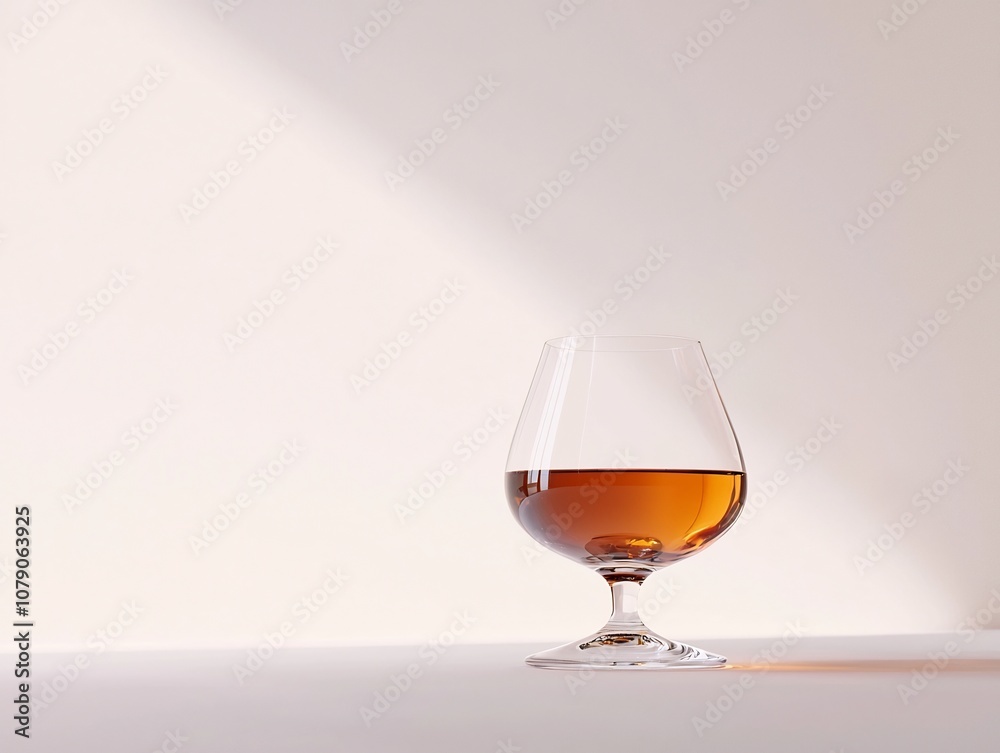 Elegantly Minimalist Amber Brandy in Crystal Glass on Plain White Surface Elegantly Minimalist Amber Brandy in Crystal Glass on Plain White Surface