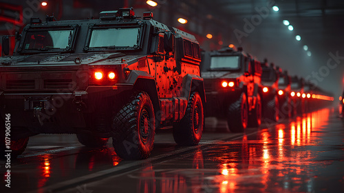 A photorealistic image of a military armored vehicle in the production line, showcasing advanced defense technology and the manufacturing process. The image emphasizes the strength and durability of m