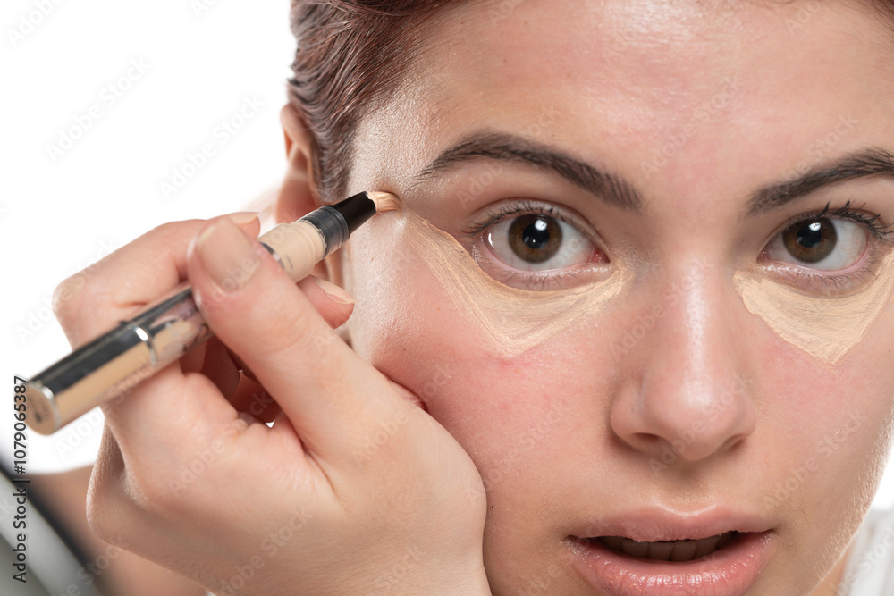 Woman applying concealer on flawless fresh skin, doing make up. Girl put corrector under eye area. Woman applying concealer on flawless fresh skin, doing make up. Girl put corrector under eye area.