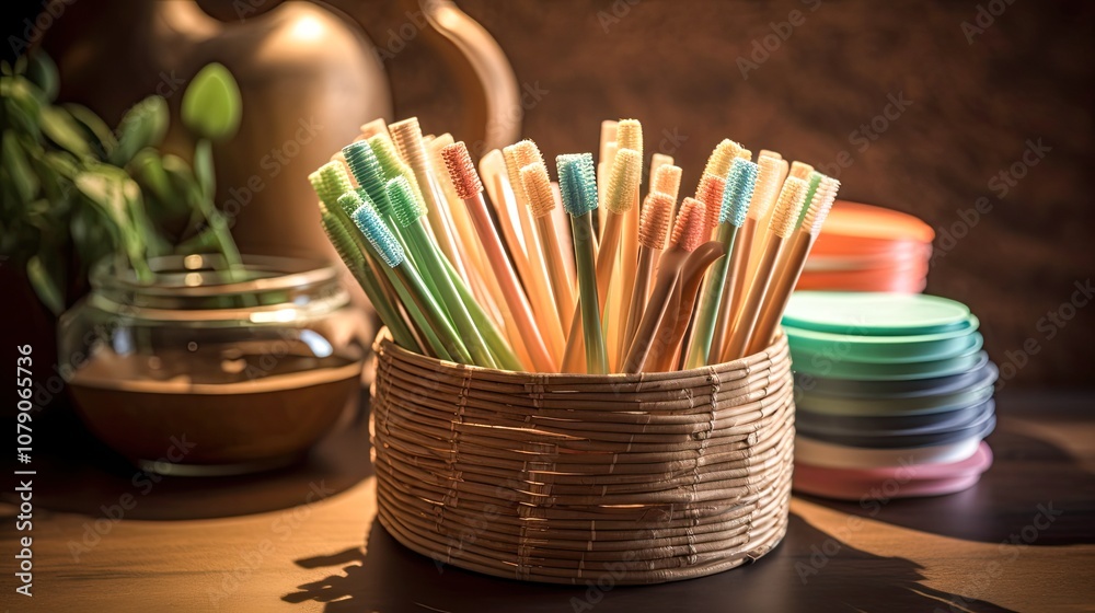 Obraz premium Organic bamboo cotton swabs with glass jars in soft lighting.