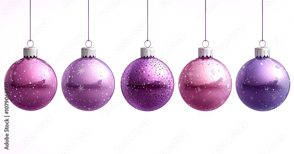 Five shiny purple and pink Christmas ornaments hang from white strings against a white background. Five shiny purple and pink Christmas ornaments hang from white strings against a white background.
