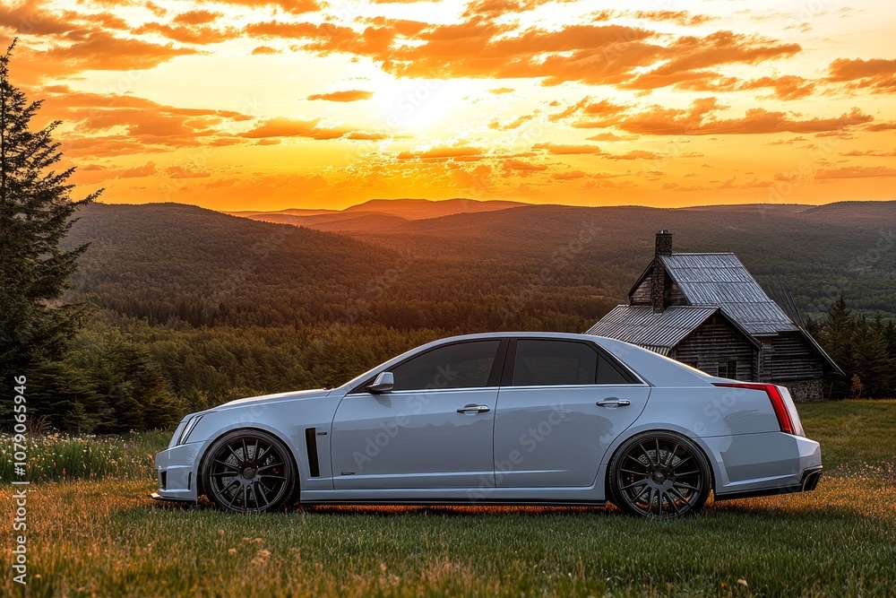 Fototapeta premium Elegant Car at Sunset Landscape