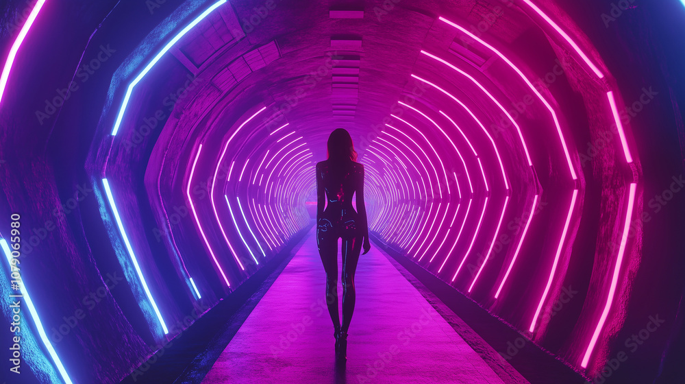 woman walking through a futuristic neon-lit tunnel with vibrant pink and blue lights, creating a sci-fi, cyberpunk atmosphere. woman walking through a futuristic neon-lit tunnel with vibrant pink and blue lights, creating a sci-fi, cyberpunk atmosphere.