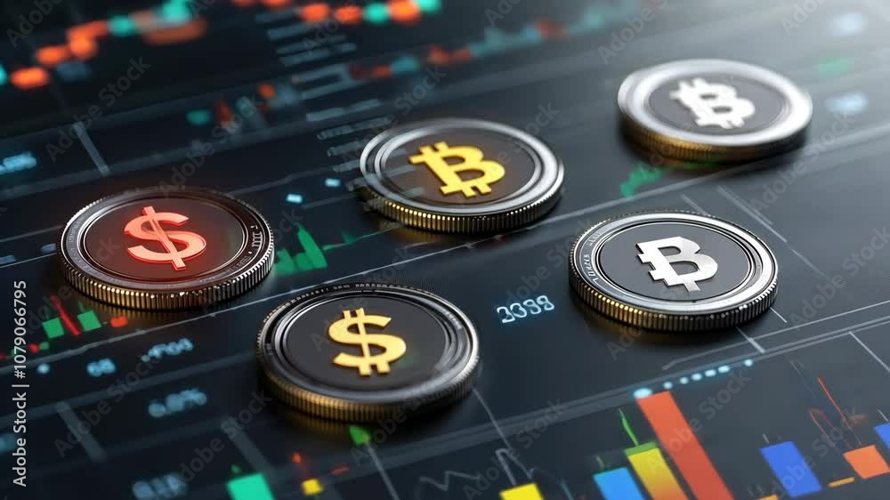 A close-up of cryptocurrency coins on a digital trading interface. A close-up of cryptocurrency coins on a digital trading interface.