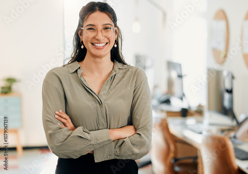 Business, crossed arms and portrait of happy woman in office with confidence, company pride and growth. Call center, telemarketing and person in workplace with smile for online sales consultant