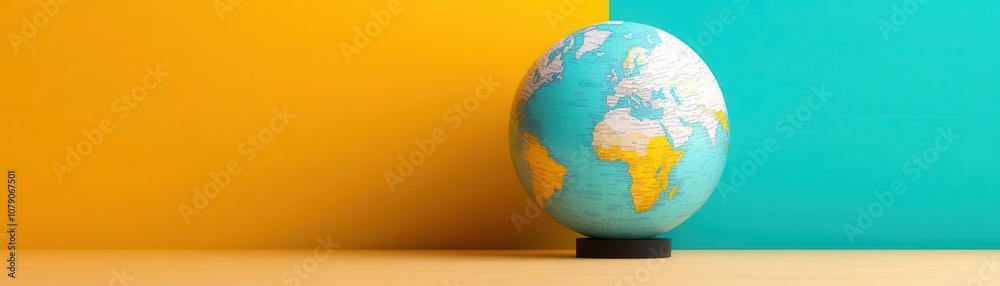 A colorful globe rests on a flat surface, divided by vibrant yellow and teal backgrounds, symbolizing exploration and education.