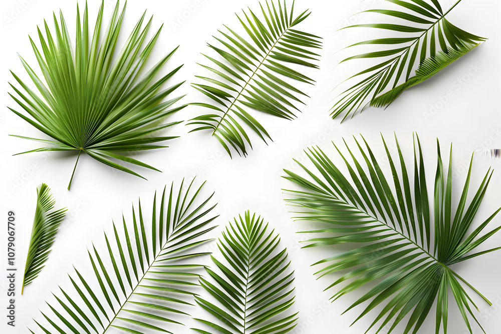 Lush green palm leaves display intricate textures with natural elegance isolated on white background Lush green palm leaves display intricate textures with natural elegance isolated on white background