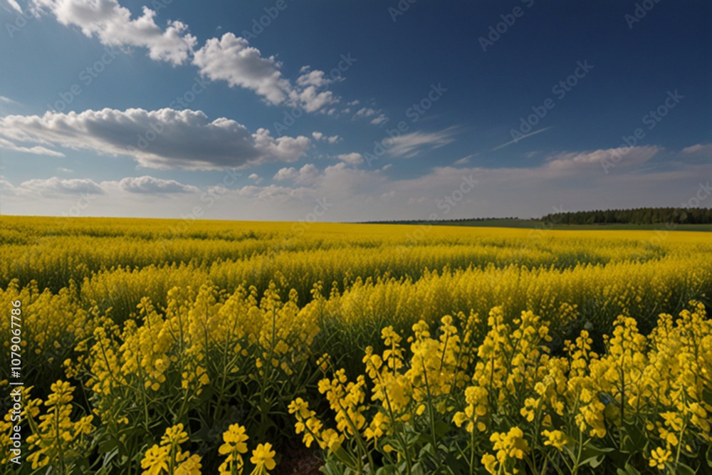 Obraz premium Field of colza rapeseed yellow flowers and blue sky