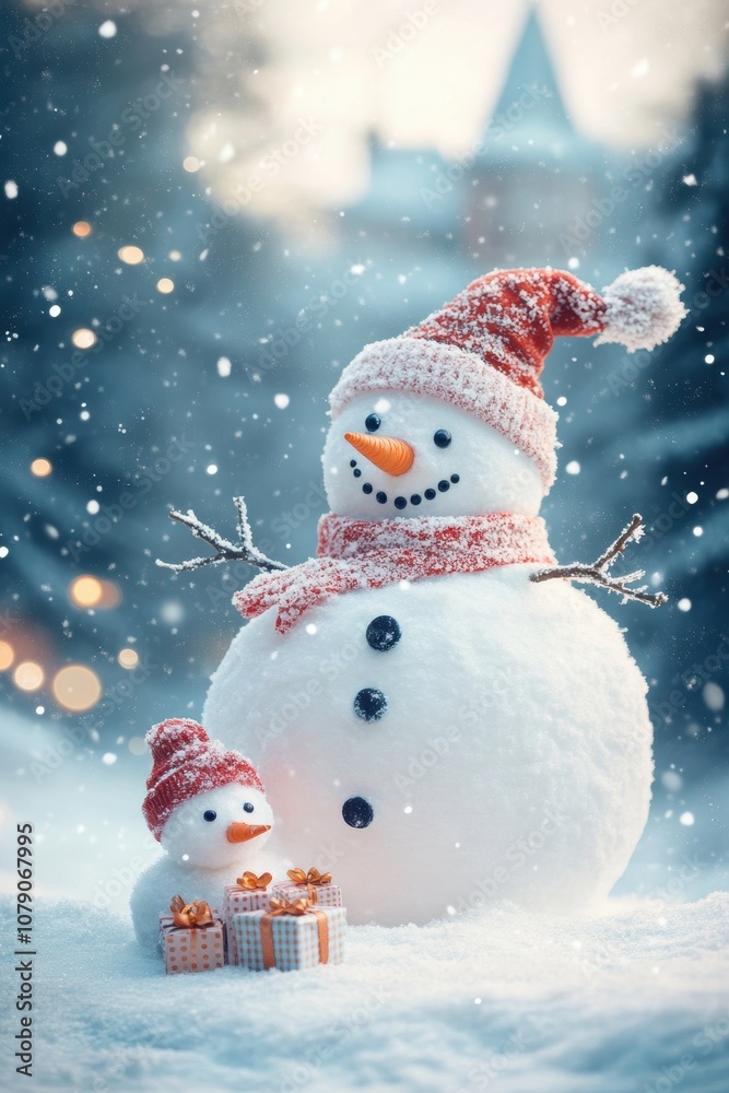 Fototapeta premium Cute snowman. Winter holiday theme.