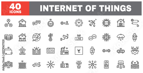 Set of 40 line icons internet of things. Outline icon collection. Editable stroke. Vector illustration.