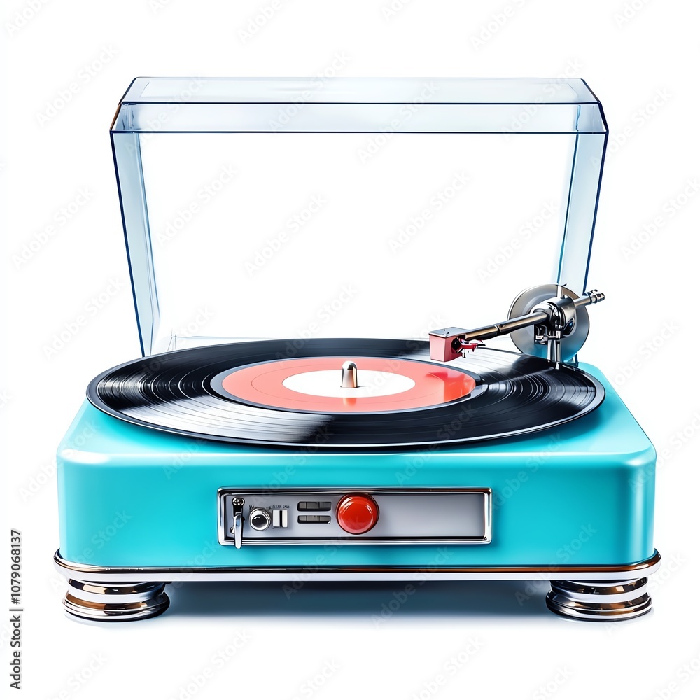 Fototapeta premium Retro turntable with a unique blue design playing a vinyl record, showcasing a nostalgic vibe, perfect for music enthusiasts. on a white background