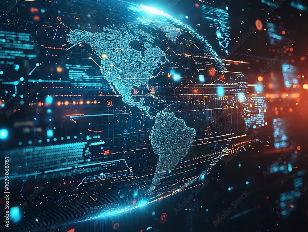 Global Metrics Visualized in Holographic Digital Interface Representing Planet Earth s Data Global Metrics Visualized in Holographic Digital Interface Representing Planet Earth s Data